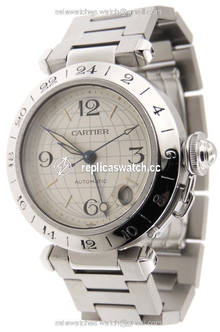 Cartier White Pasha C Gmt Globe Stainless Steel 35mm Date Watch Cartier White Pasha C Gmt Globe Stainless Steel 35mm Date Watch