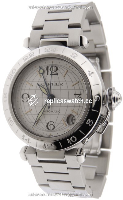 Cartier Silver Mint Pasha C Gmt Globe Stainless Steel 35mm Date Watch Cartier Silver Mint Pasha C Gmt Globe Stainless Steel 35mm Date Watch