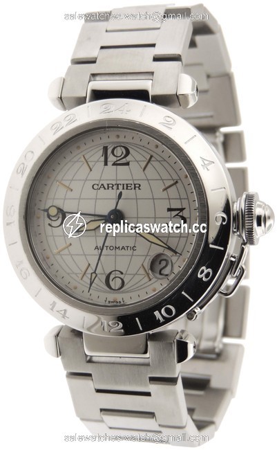 Cartier White Mint Pasha C Gmt Globe Stainless Steel 35mm Date Watch Cartier White Mint Pasha C Gmt Globe Stainless Steel 35mm Date Watch