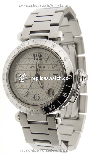 Cartier Silver Mint Pasha C Gmt Globe Ss 35mm Date Watch Cartier Silver Mint Pasha C Gmt Globe Ss 35mm Date Watch