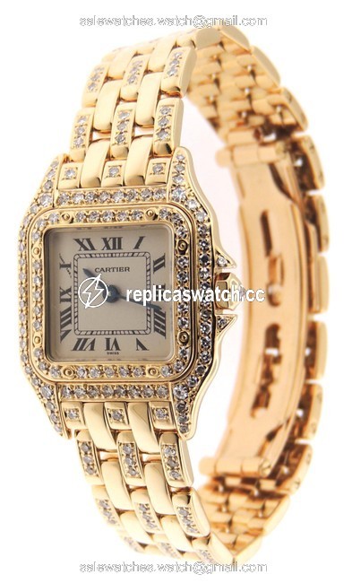 Cartier Off White Panthere Diamonds 107000 Solid 18k Yg 22mm & P Watch Cartier Off White Panthere Diamonds 107000 Solid 18k Yg 22mm & P Watch