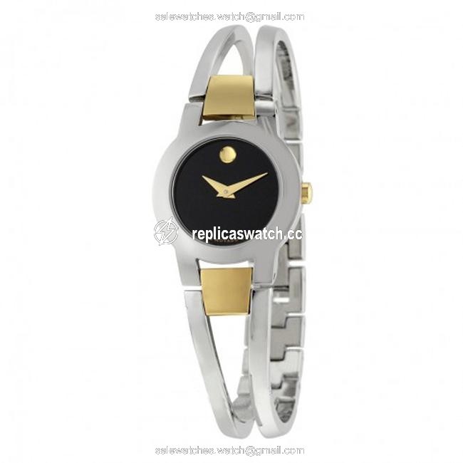 Movado Gold Silver Black Amorosa Dial Ladies Bangle Watch Movado Gold Silver Black Amorosa Dial Ladies Bangle Watch