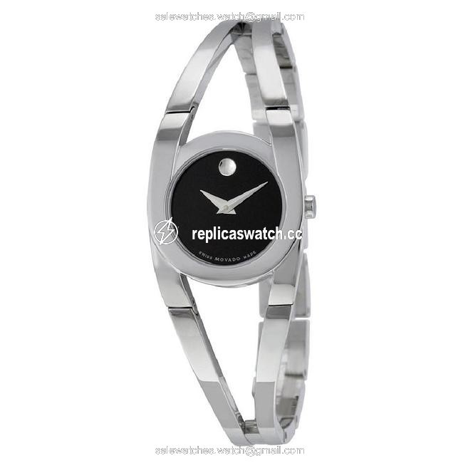 Movado Silver Tone Black Amorosa Dial Ladies Bangle Style Watch Movado Silver Tone Black Amorosa Dial Ladies Bangle Style Watch