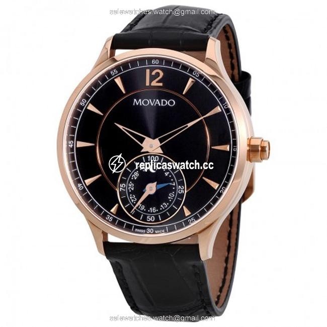 Movado Black Rose Gold Cicra Motion Dial Mens Smart Leather Strap Watch Movado Black Rose Gold Cicra Motion Dial Mens Smart Leather Strap Watch