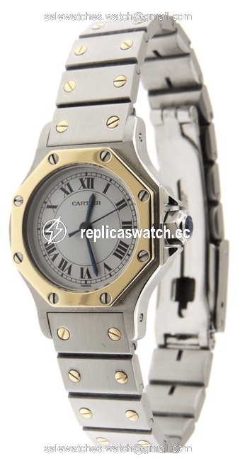 Cartier White Mint Ladies Santos Octagon 18k Yellow Gold / Ss Watch Cartier White Mint Ladies Santos Octagon 18k Yellow Gold / Ss Watch
