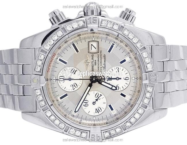 Breitling White / Ivory Custom A13356 Evolution Chronomat 43mm Silver Dial Diamond 2.5ct Watch Breitling White / Ivory Custom A13356 Evolution Chronomat 43mm Silver Dial Diamond 2.5ct Watch