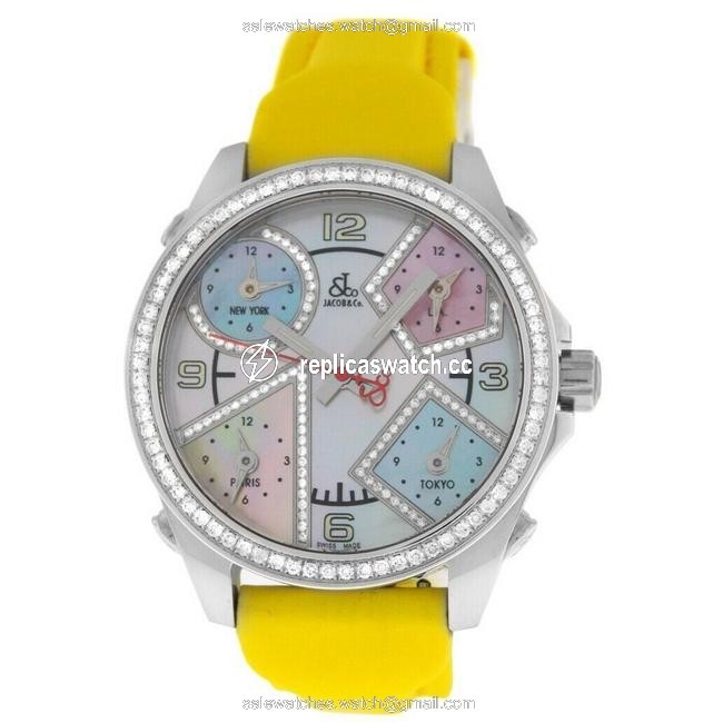 Jacob & Co. Silver Unisex Five 5 Time Zone Jcm-24da Diamond Bezel 40mm Mop Watch Jacob & Co. Silver Unisex Five 5 Time Zone Jcm-24da Diamond Bezel 40mm Mop Watch