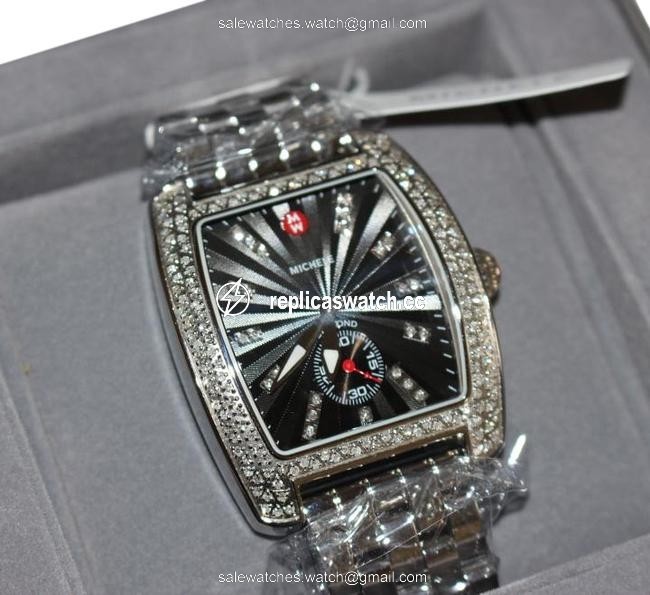 Michele Black Guilloche W Extra Large Urban Classic 187 Diamond W/Bracelet Watch Michele Black Guilloche W Extra Large Urban Classic 187 Diamond W/Bracelet Watch