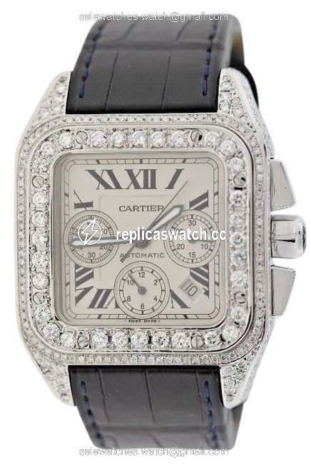 Cartier Black XL Santos 100 2740 Chronograph with Diamond Dial Watch Cartier Black XL Santos 100 2740 Chronograph with Diamond Dial Watch