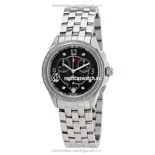 Michele Silver (Silver/Black) Belmore Diamond Black Diamond Dial Chronograph Watch Michele Silver (Silver/Black) Belmore Diamond Black Diamond Dial Chronograph Watch