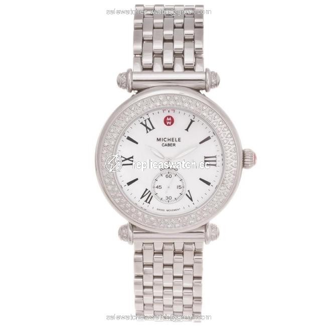 Michele Silver Caber Diamond Mother Of Pearl Dial Watch Michele Silver Caber Diamond Mother Of Pearl Dial Watch