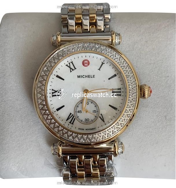 Michele Gold- Silver Caber Diamond Mop Two Tone Mww16a000066 Watch Michele Gold- Silver Caber Diamond Mop Two Tone Mww16a000066 Watch