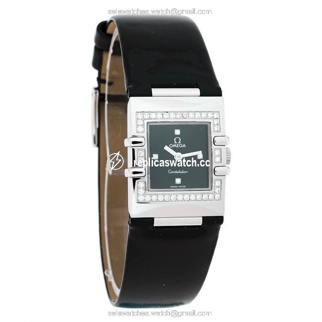 Omega Black Stainless Steel Patent Leather Diamond Constellation Quadra 895.1230 Womens Wristwatch 19 Mm Watch Omega Black Stainless Steel Patent Leather Diamond Constellation Quadra 895.1230 Womens Wristwatch 19 Mm Watch