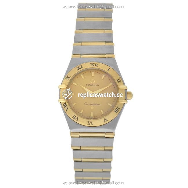 Omega Gold Silver Constellation Full Bar Ladies 18k Yellow 24mm Quartz Watch Omega Gold Silver Constellation Full Bar Ladies 18k Yellow 24mm Quartz Watch