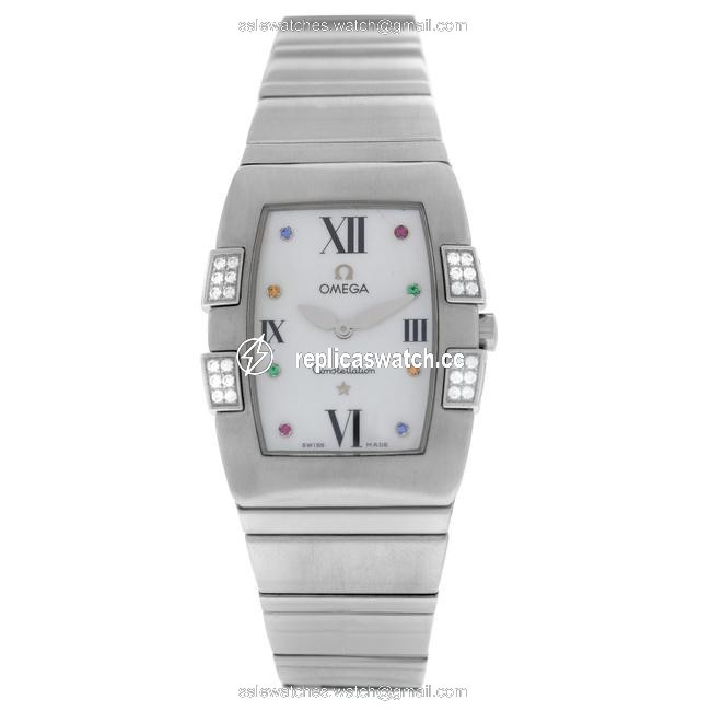Omega Silver Constellation Quadrella 1586.79 Ladies Diamond Mop Steel Quartz Watch Omega Silver Constellation Quadrella 1586.79 Ladies Diamond Mop Steel Quartz Watch