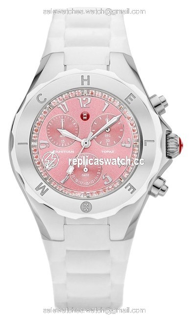 Michele White/ Silver/ Pink Jelly Mww12f000081 Tahitian Bean Large Silicone Topaz Watch Michele White/ Silver/ Pink Jelly Mww12f000081 Tahitian Bean Large Silicone Topaz Watch