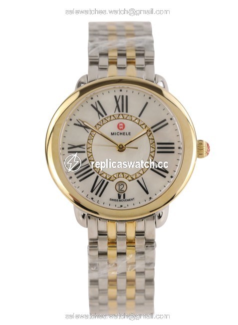 Michele Silver Gold Two-tone Serein Mid Mother Of Pearl Diamond Watch Michele Silver Gold Two-tone Serein Mid Mother Of Pearl Diamond Watch