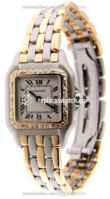 Cartier White Panthere 3 Row 18k Yellow Gold and Ss Diamonds Bezel Watch Cartier White Panthere 3 Row 18k Yellow Gold and Ss Diamonds Bezel Watch