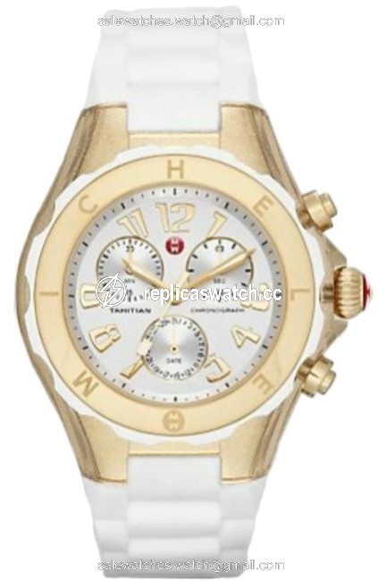 Michele White/Gold Jelly Mww12f000077 Womens Bean Chrono Tone Silicon Bracelet New Watch Michele White/Gold Jelly Mww12f000077 Womens Bean Chrono Tone Silicon Bracelet New Watch