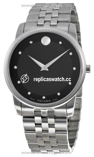 Movado Black Silver Diamond Set Dial Tone Stainless Steel Designer Mens Dress Watch Movado Black Silver Diamond Set Dial Tone Stainless Steel Designer Mens Dress Watch