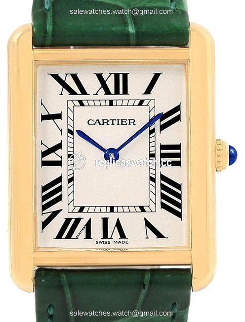 Cartier Silver Tank Solo Large Yellow Gold Steel Green Strap Unisex W10 Watch Cartier Silver Tank Solo Large Yellow Gold Steel Green Strap Unisex W10 Watch