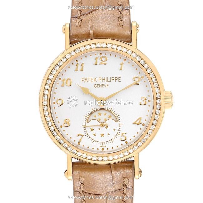 Patek Philippe Silver Calatrava Moonphase Yellow Gold Diamond Ladies Watch Patek Philippe Silver Calatrava Moonphase Yellow Gold Diamond Ladies Watch