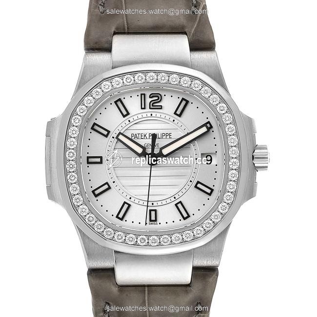 Patek Philippe Silver Nautilus White Gold Diamond Grey Strap Ladies Watch Patek Philippe Silver Nautilus White Gold Diamond Grey Strap Ladies Watch