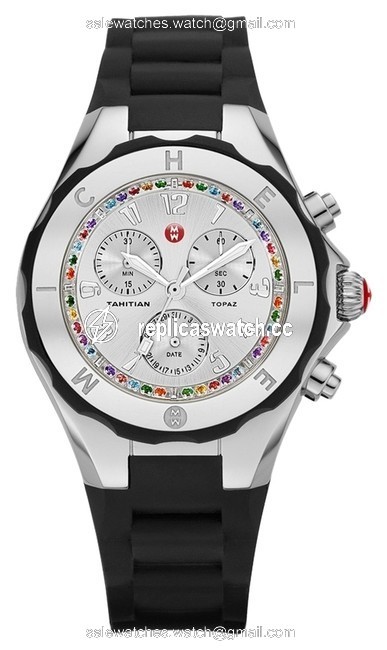 Michele Black Jelly Womens Tahitian Bean Silicone Silver Stainless Steel Chronograph Mww12f000080 Watch Michele Black Jelly Womens Tahitian Bean Silicone Silver Stainless Steel Chronograph Mww12f000080 Watch