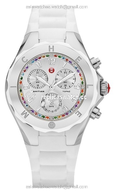 Michele White Jelly Tahitian Bean Silicone Silver Tone Stainless Steel Multi Colored Glitz Chronograph Watch Michele White Jelly Tahitian Bean Silicone Silver Tone Stainless Steel Multi Colored Glitz Chronograph Watch