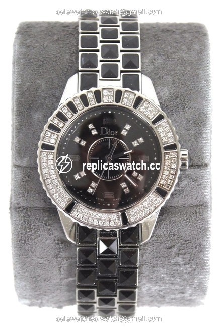 Dior Silver / Black Pyramid Sapphire Christal Stainless Steel Ladies Wristwatch Watch Dior Silver / Black Pyramid Sapphire Christal Stainless Steel Ladies Wristwatch Watch