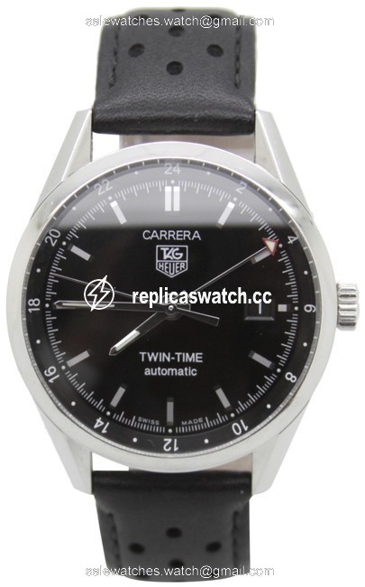 TAG Heuer Stainless Steel & Black Leather Carrera Twin-time Wv2115-0 Mens with Band Watch TAG Heuer Stainless Steel & Black Leather Carrera Twin-time Wv2115-0 Mens with Band Watch