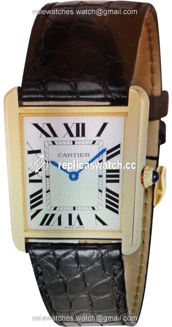 Cartier Gold W/Black Alligator Band. Blue Dial. Black Roman Numerals Tank Solo Small Watch Cartier Gold W/Black Alligator Band. Blue Dial. Black Roman Numerals Tank Solo Small Watch