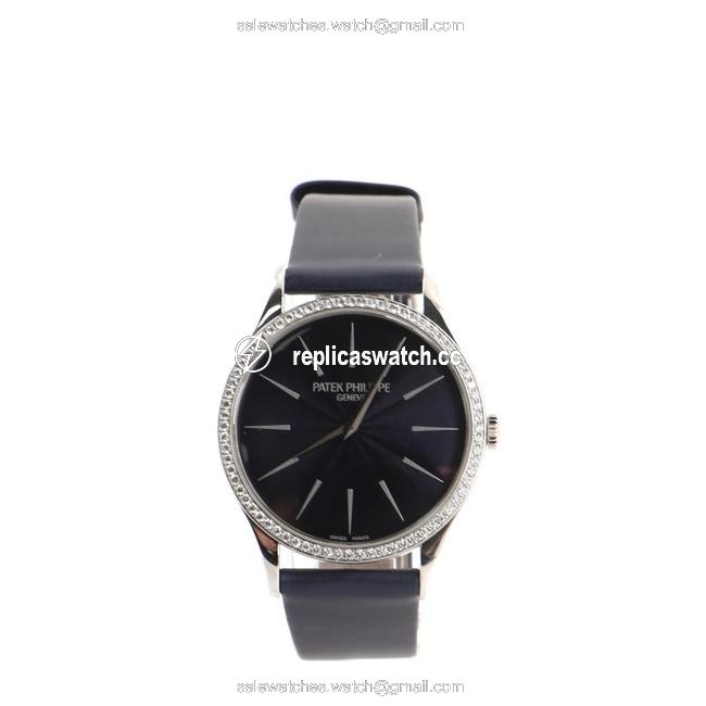 Patek Philippe Calatrava 4897 Manual White Gold and Satin with Diamond Bezel 33 Watch Patek Philippe Calatrava 4897 Manual White Gold and Satin with Diamond Bezel 33 Watch