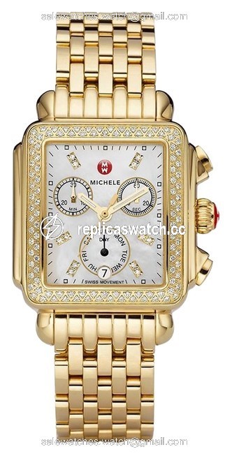 Michele Gold Plated Stainless Bracelet Mother Of Pearl Diamond Dial Deco Mww06p000100 Watch Michele Gold Plated Stainless Bracelet Mother Of Pearl Diamond Dial Deco Mww06p000100 Watch