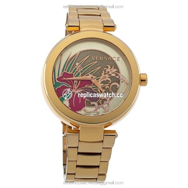 Versace Gold Plated Stainless Steel Mystique Hibiscus Womens Wristwatch 38mm Watch Versace Gold Plated Stainless Steel Mystique Hibiscus Womens Wristwatch 38mm Watch