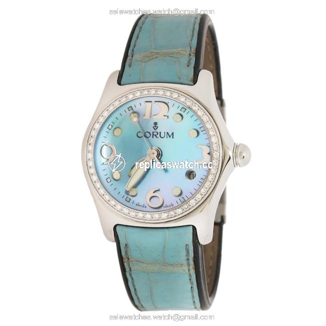 Corum Blue Mother Of Pearl Stainless Steel Leather Bubble Mid-size 39.151.47 Womens Wristwatch 35 Mm Watch Corum Blue Mother Of Pearl Stainless Steel Leather Bubble Mid-size 39.151.47 Womens Wristwatch 35 Mm Watch