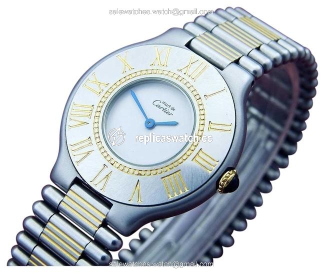 Cartier Ivory with Blue Steel Hands W Midsize Must De 21c 18kgp & St.steel Quartz W/Bracelet Watch Cartier Ivory with Blue Steel Hands W Midsize Must De 21c 18kgp & St.steel Quartz W/Bracelet Watch