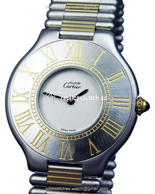 Cartier Ivory with Blue Steel Hands W Midsize Must De 21c 18kgp & St.steel Quartz W/Bracelet Watch Cartier Ivory with Blue Steel Hands W Midsize Must De 21c 18kgp & St.steel Quartz W/Bracelet Watch