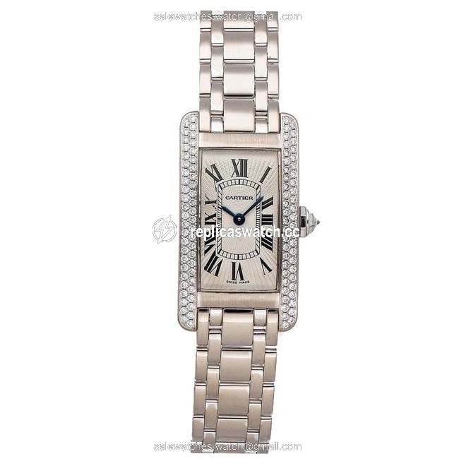 Cartier Silver Diamonds 18k White Gold Tank Americaine Wb7018l1 Womens Wristwatch 28 X 19 Mm Watch Cartier Silver Diamonds 18k White Gold Tank Americaine Wb7018l1 Womens Wristwatch 28 X 19 Mm Watch