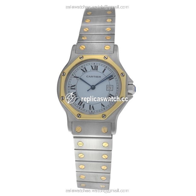 Cartier Yellow Gold Silver Unisex Santos Octagon Steel 18k 30mm Watch Cartier Yellow Gold Silver Unisex Santos Octagon Steel 18k 30mm Watch
