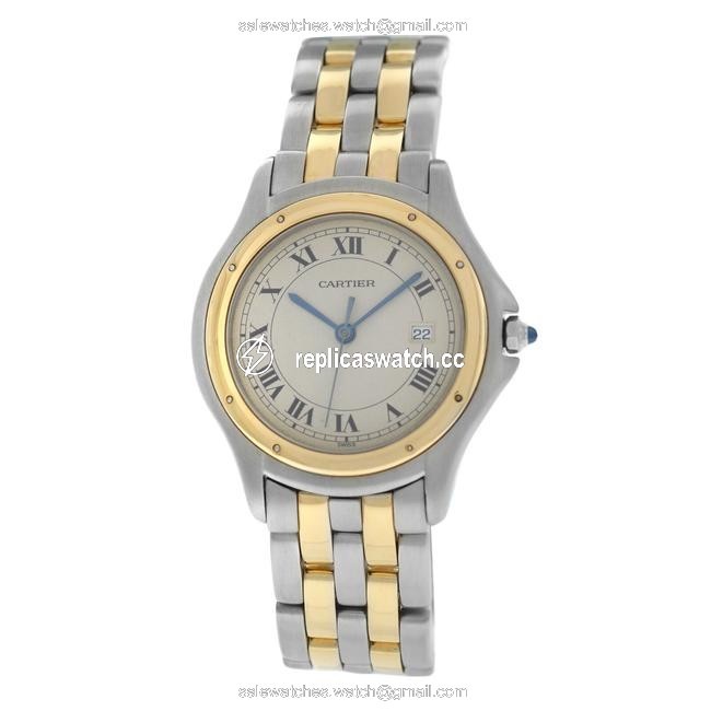 Cartier Yellow Gold Silver Unisex 33mm Panthere Cougar 187904 Two Row Steel 18k Watch Cartier Yellow Gold Silver Unisex 33mm Panthere Cougar 187904 Two Row Steel 18k Watch