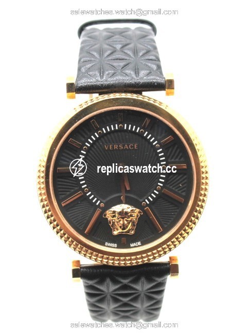 Versace 16461 Black Gold V-helix Dial Leather Tone Guilloche Hardware Ladies Watch Versace 16461 Black Gold V-helix Dial Leather Tone Guilloche Hardware Ladies Watch