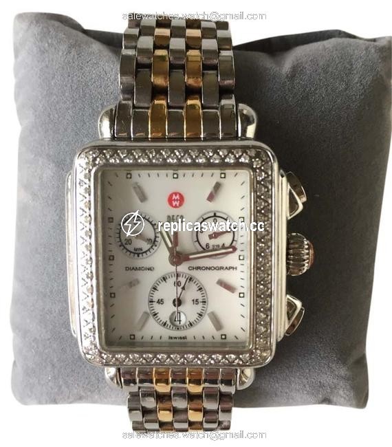 Michele Silver Stainless with 18k Gold Plated Signature Deco Diamond Bezel Chronograph Two Tone Bracelet Watch Michele Silver Stainless with 18k Gold Plated Signature Deco Diamond Bezel Chronograph Two Tone Bracelet Watch