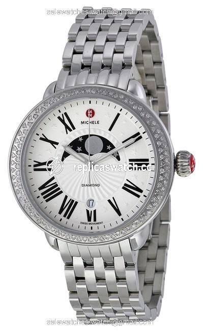 Michele Matte Silver White Moon and Star Serein Diamond Dial Ladies Mww21d000002 Watch Michele Matte Silver White Moon and Star Serein Diamond Dial Ladies Mww21d000002 Watch