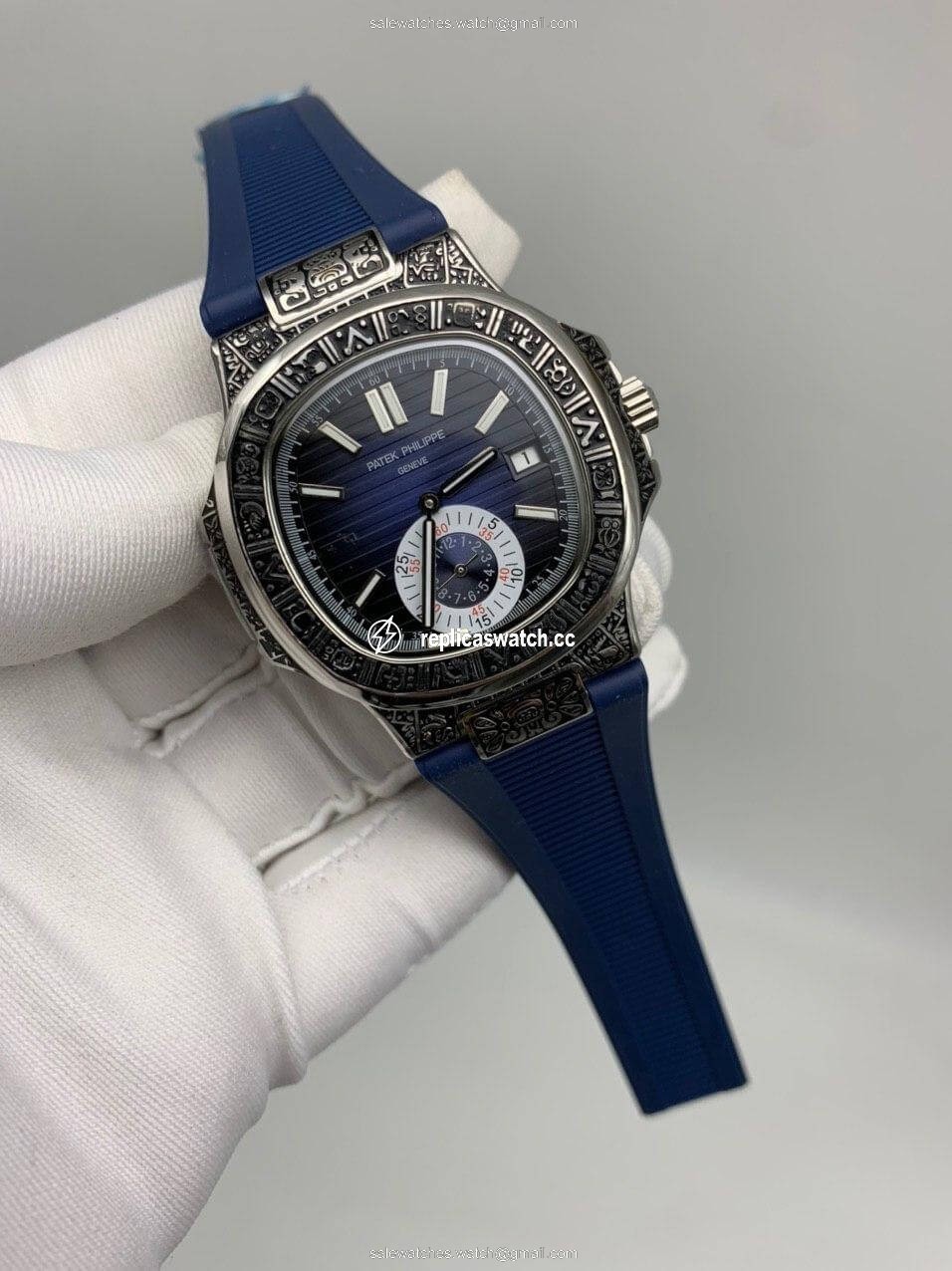 Patek Philippe Nautilus Engraved Silver Blue Dial Chrono Patek Philippe Nautilus Engraved Silver Blue Dial Chrono