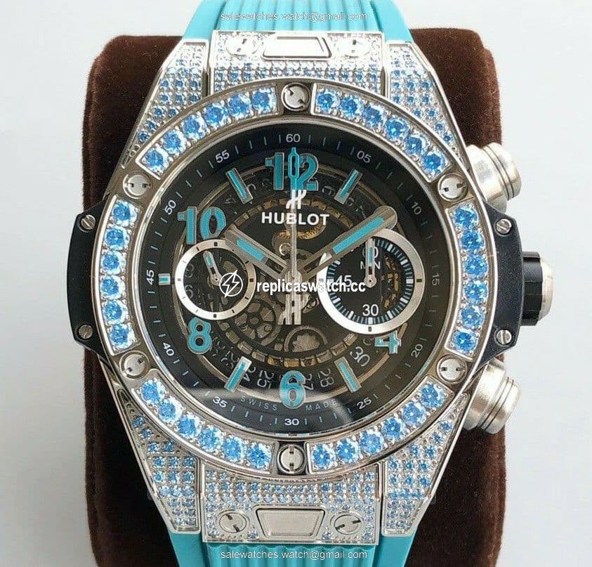 Big Bang Unico Diamond HBF 1:1 Best Edition SB Skeleton Dial Rainbow Bezel on Blue Rubber Strap A1242 Big Bang Unico Diamond HBF 1:1 Best Edition SB Skeleton Dial Rainbow Bezel on Blue Rubber Strap A1242