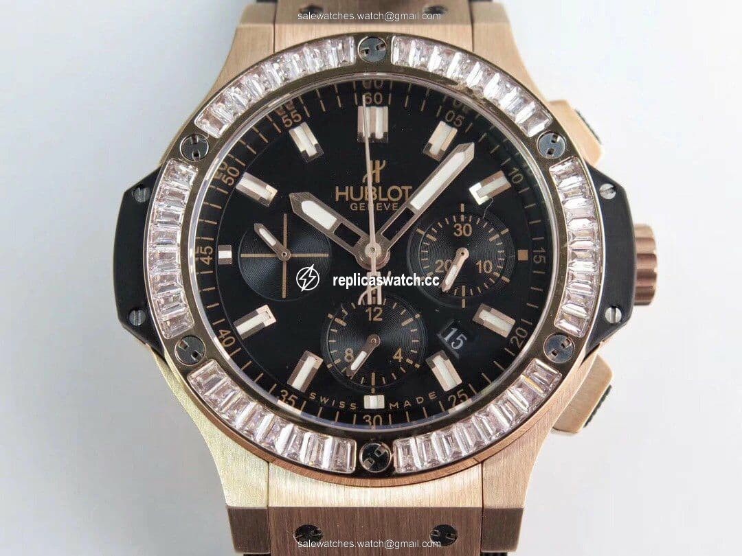 Big Bang 44mm SS Gold Dial Diamond Bezel on Black Leather Strap HUB4104 Big Bang 44mm SS Gold Dial Diamond Bezel on Black Leather Strap HUB4104