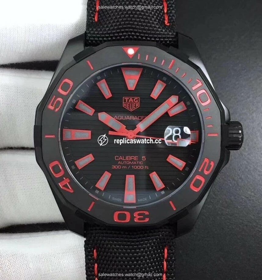 Aquaracer Calibre 5 PVD 43mm V6F 1:1 Best Edition Black/Red Dial on Brown Nylon Strap A2824 Aquaracer Calibre 5 PVD 43mm V6F 1:1 Best Edition Black/Red Dial on Brown Nylon Strap A2824