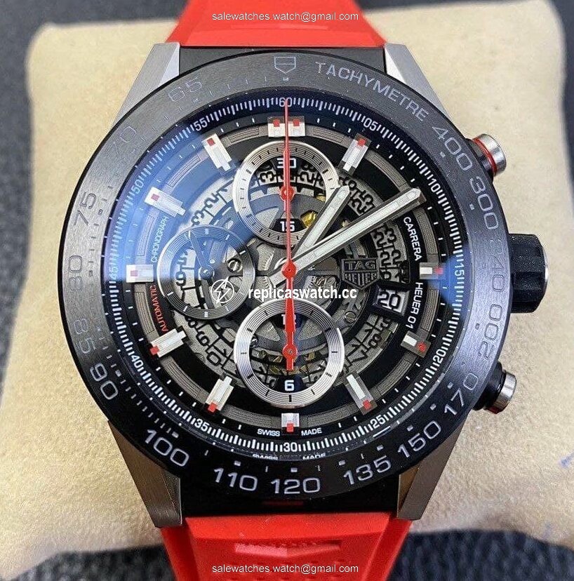 Calibre Heuer 01 Chrono SS/PVD XF 1:1 Best Edition Skeleton Dial Red Hand on Red Rubber Strap Calibre Heuer 01 Chrono SS/PVD XF 1:1 Best Edition Skeleton Dial Red Hand on Red Rubber Strap