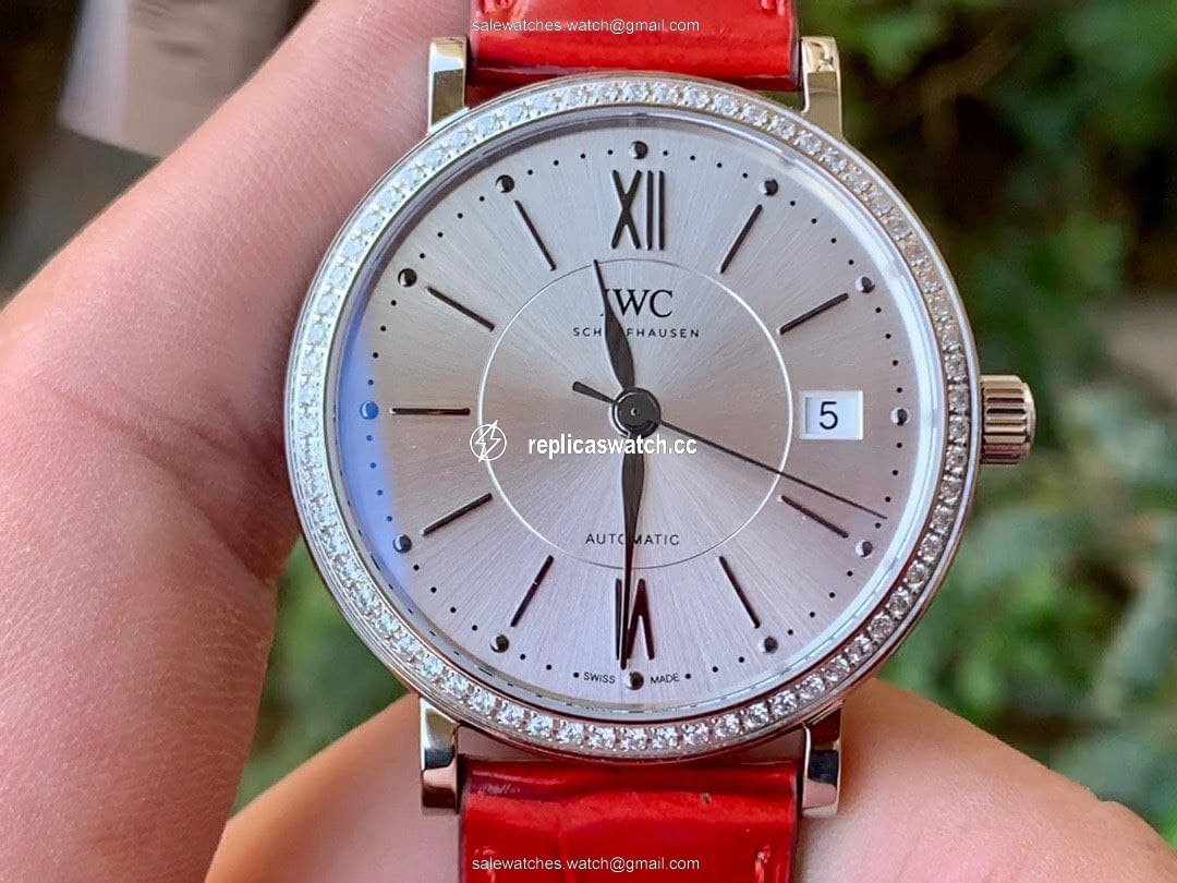 Portofino 37mm SS V7F 1:1 Best Edition White Dial Diamonds Bezel on Red Leather Strap Portofino 37mm SS V7F 1:1 Best Edition White Dial Diamonds Bezel on Red Leather Strap